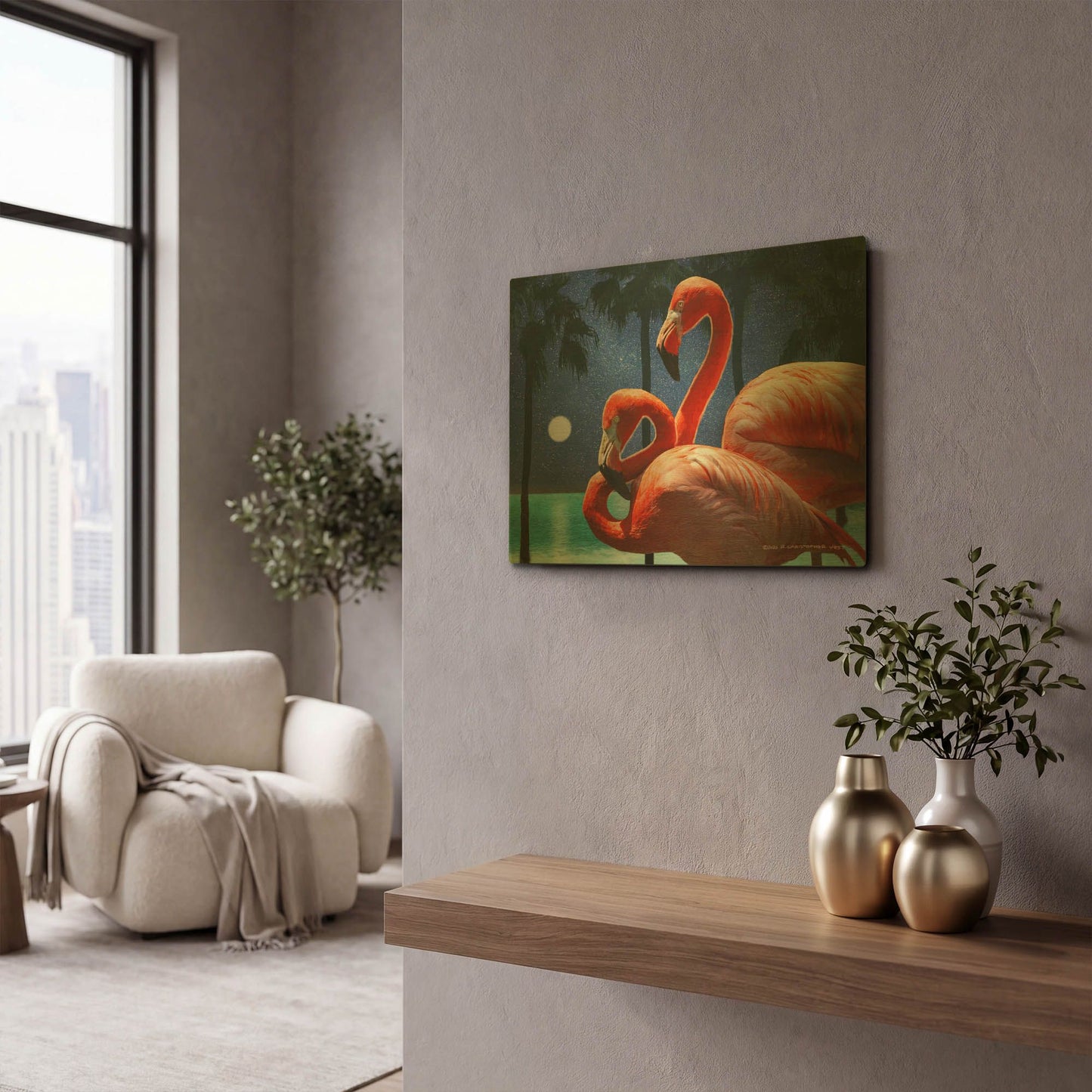 'Moonlight Flamingos' By Chris Vest Gold Metal Wall Art