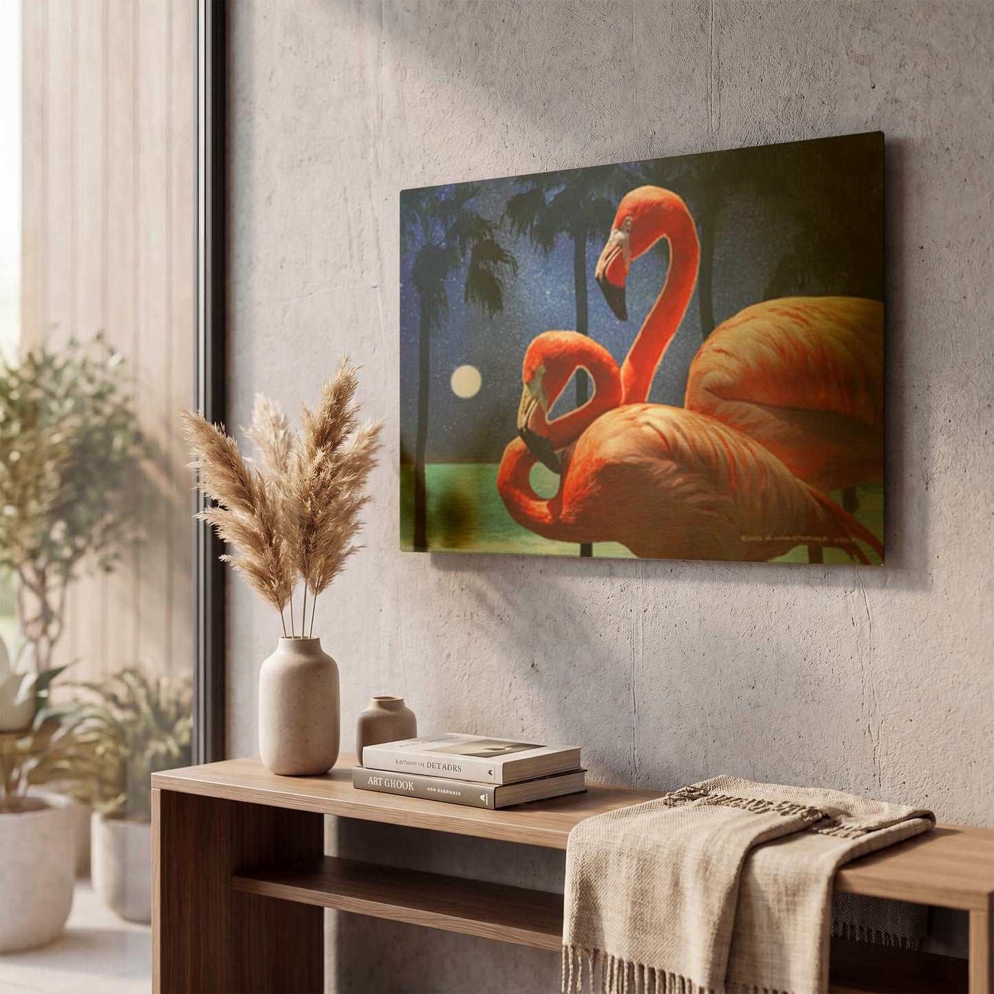 'Moonlight Flamingos' By Chris Vest Gold Metal Wall Art