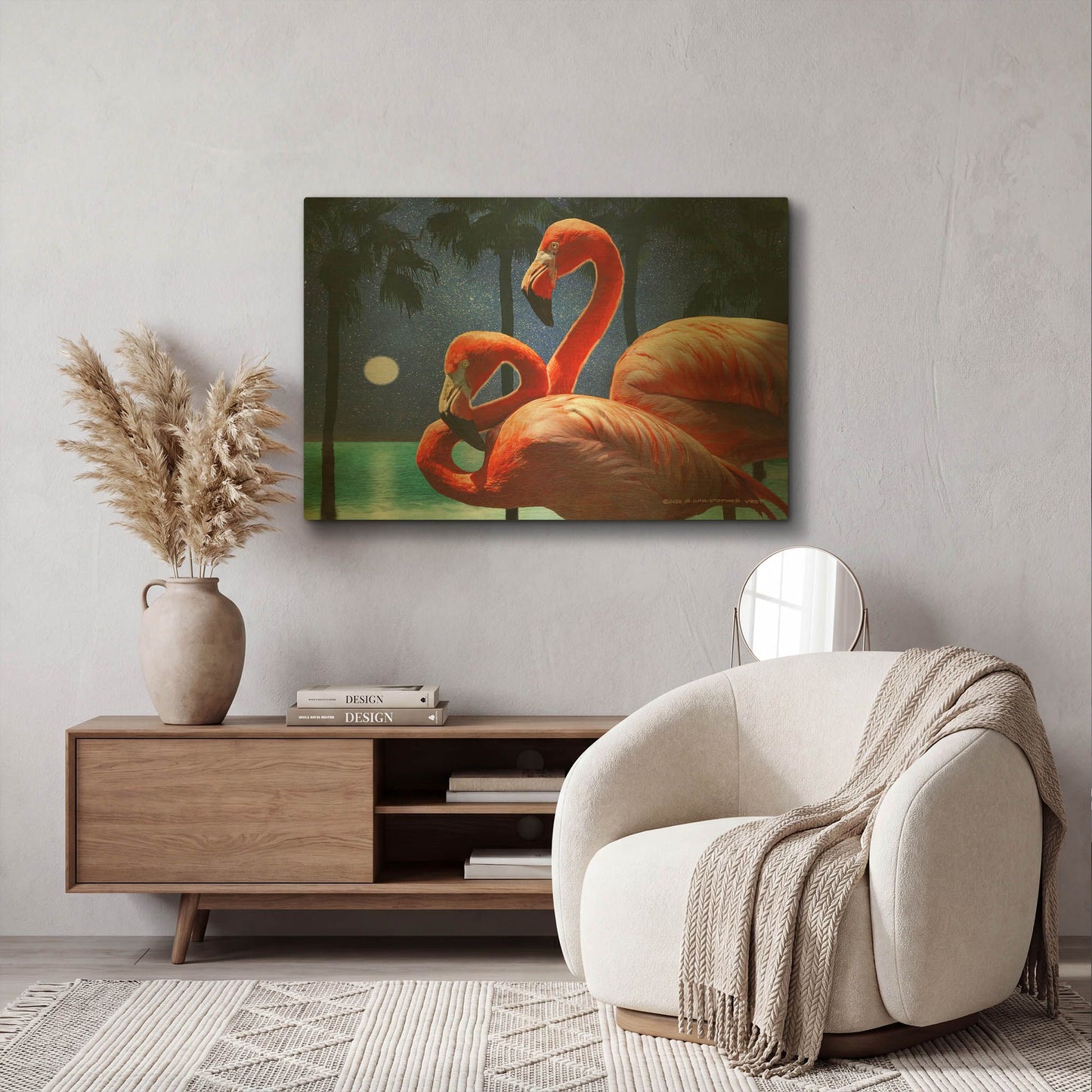 'Moonlight Flamingos' By Chris Vest Gold Metal Wall Art