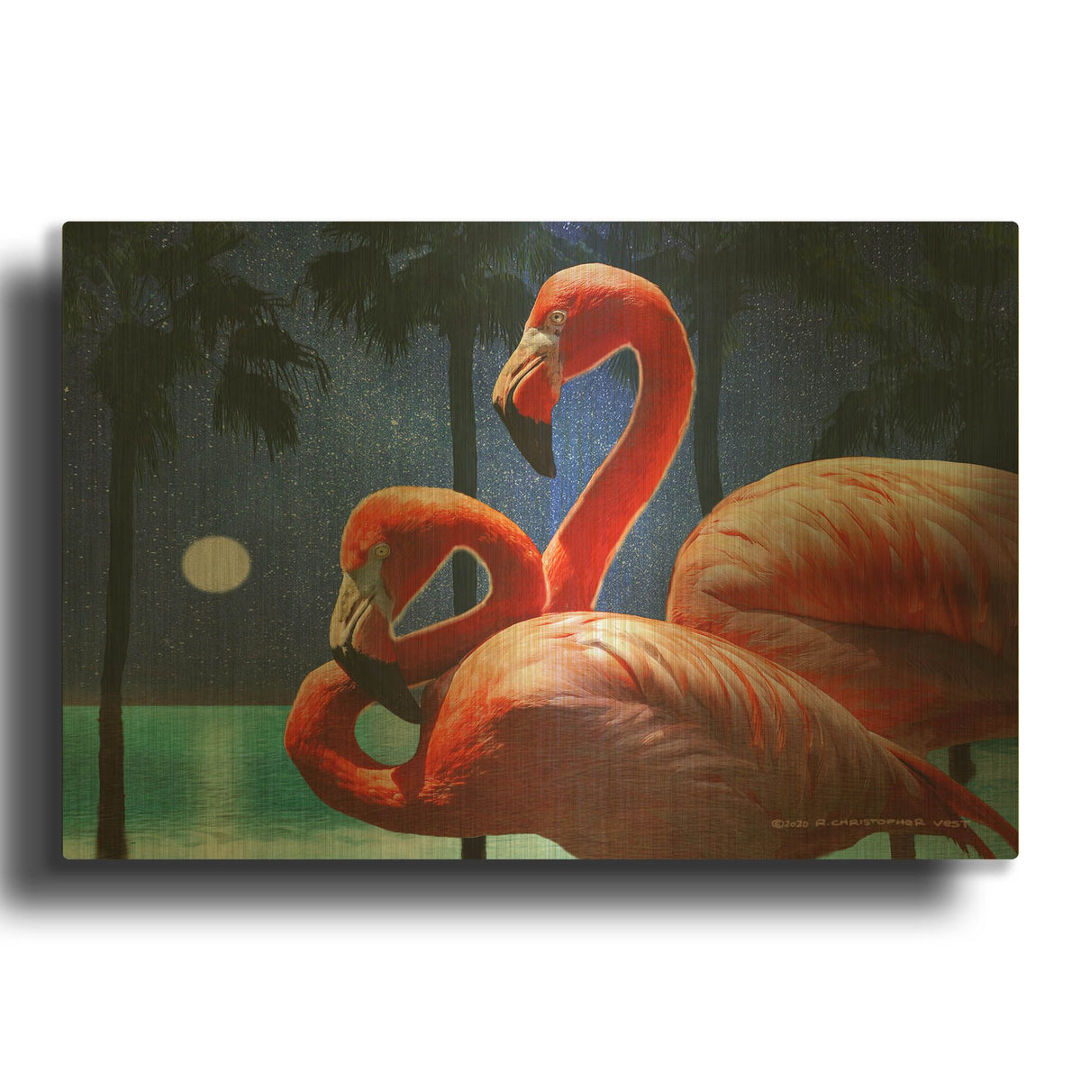 'Moonlight Flamingos' By Chris Vest Gold Metal Wall Art
