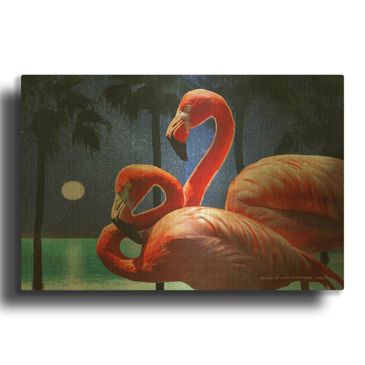 'Moonlight Flamingos' By Chris Vest Gold Metal Wall Art