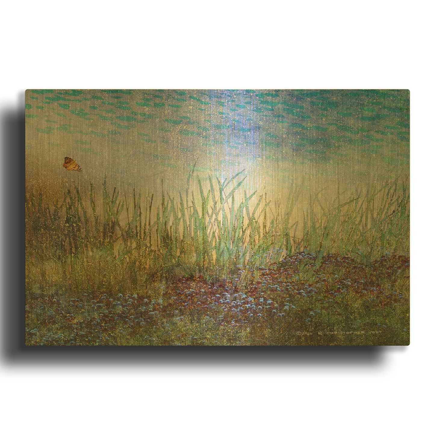 'Meadow With Butterfly' By Chris Vest Gold Metal Wall Art