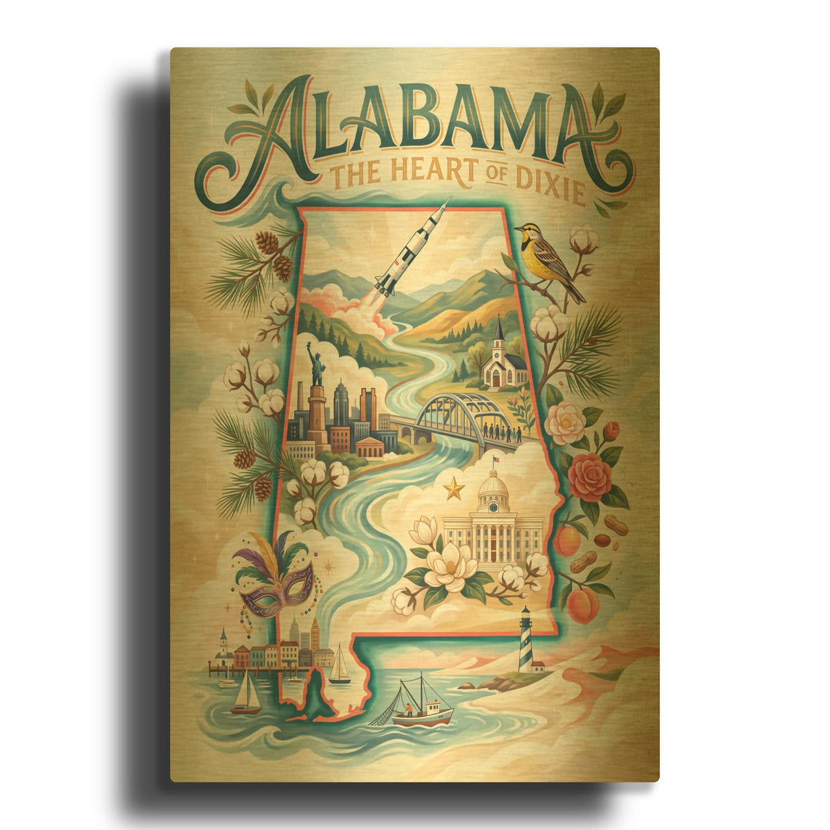 'Alabama The Hart of Dixie' By Veve Gold Metal Wall Art