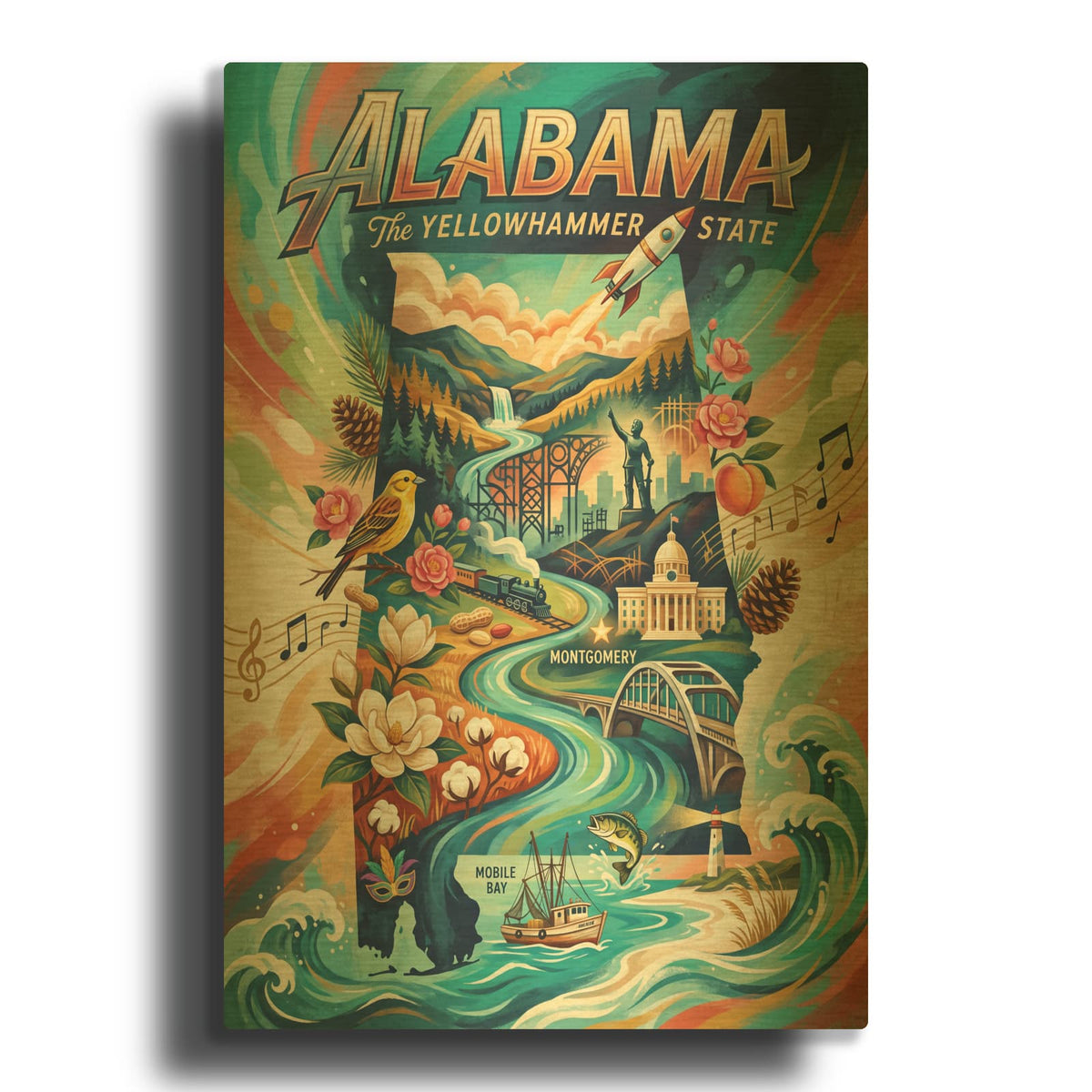 'Alabama The Yellowhammer State' By Veve Gold Metal Wall Art