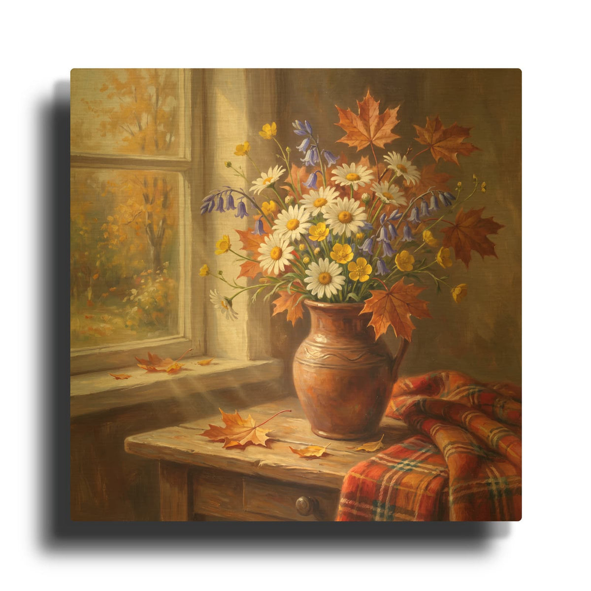 'Autumn Daisies by the Window' By Veve Gold Metal Wall Art