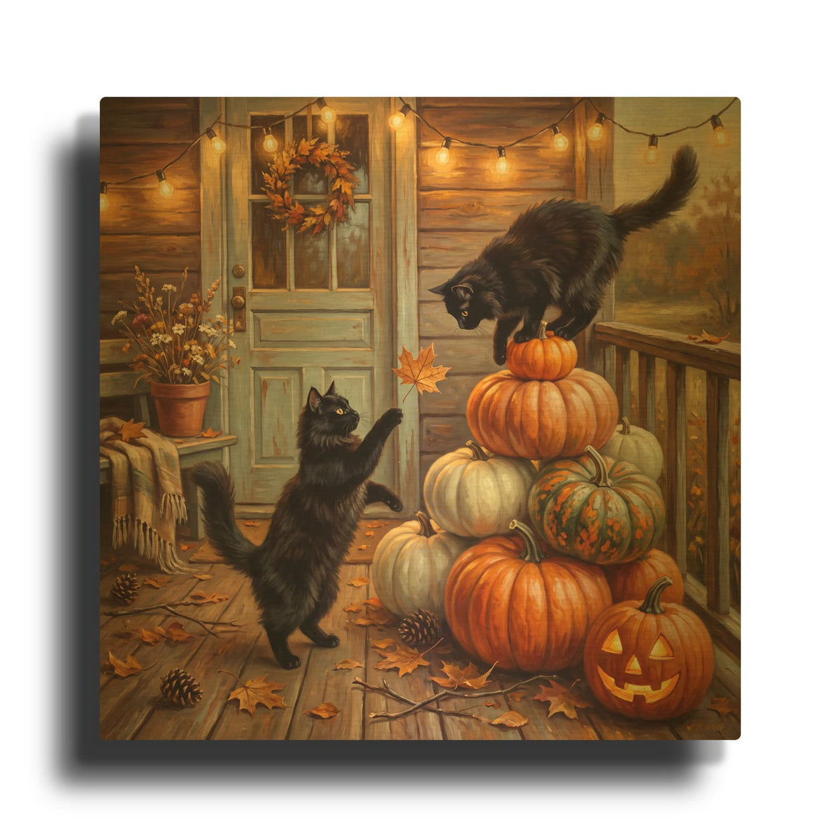 'Autumn Porch and Cats' By Veve Gold Metal Wall Art