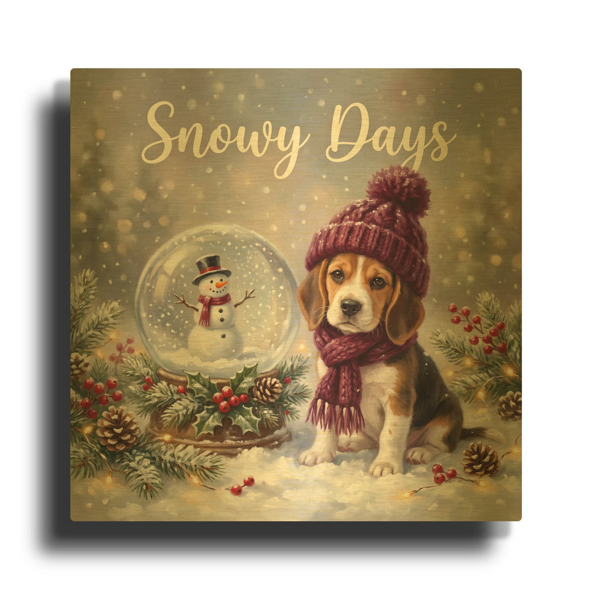 'Beagle Snowy Days' By Veve Gold Metal Wall Art