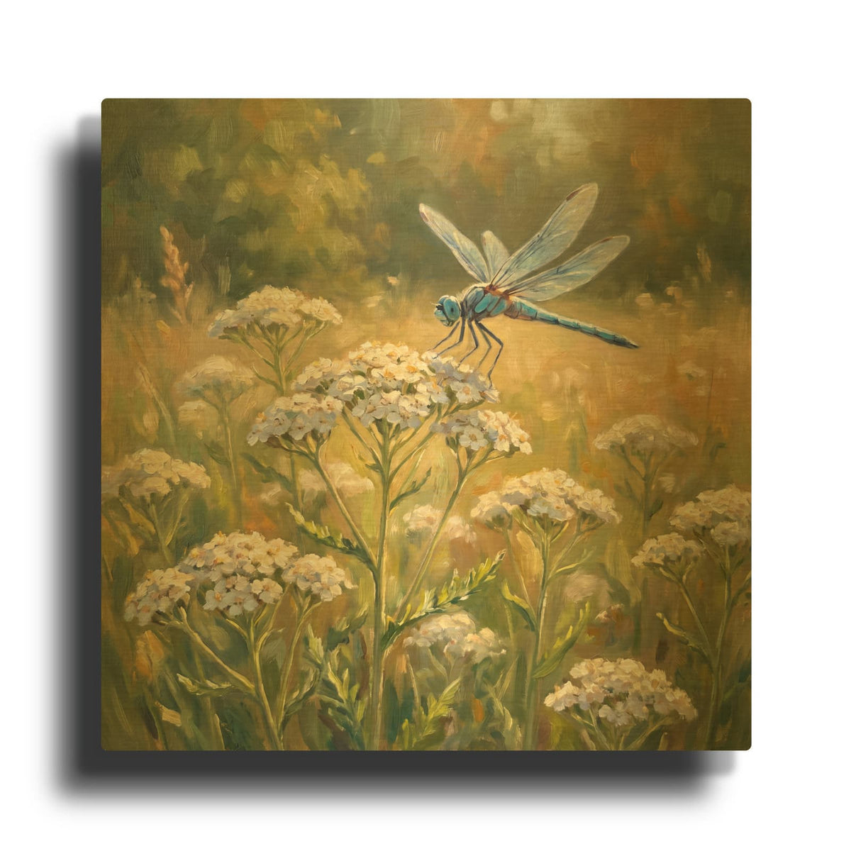 'Blue Dragonfly and Yarrow' By Veve Gold Metal Wall Art