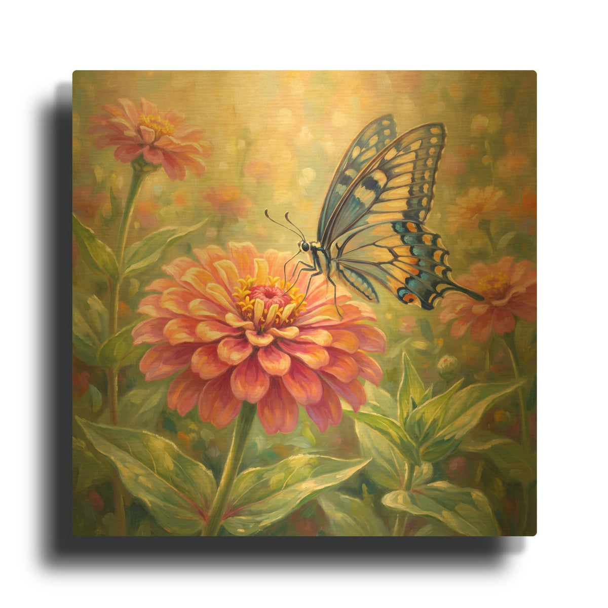 'Butterfly and Zinnia' By Veve Gold Metal Wall Art