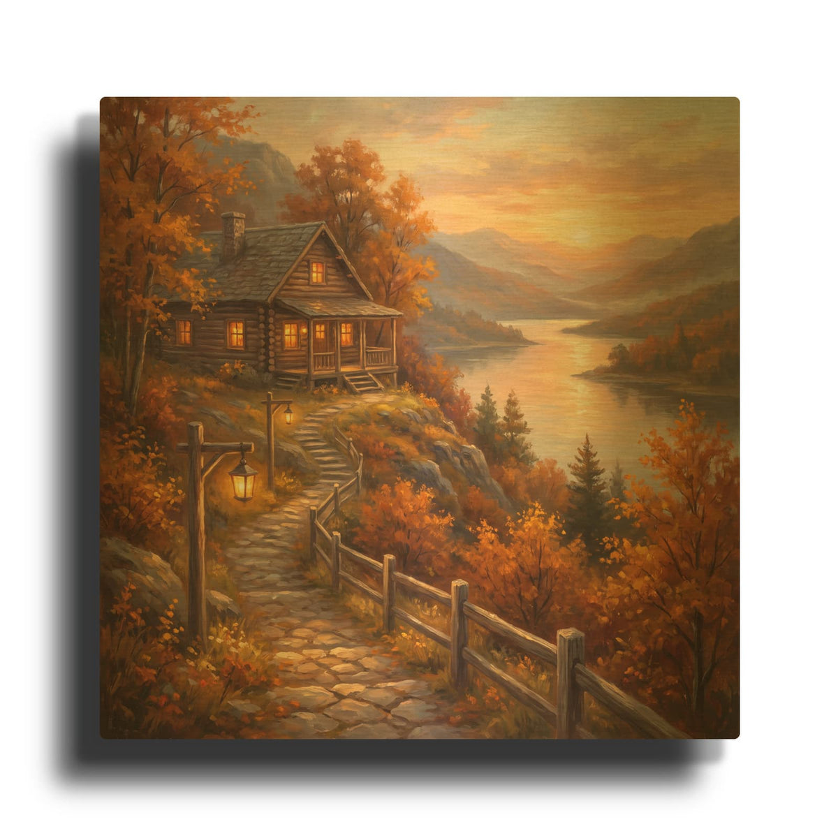 'Cabin Above Golden Lake' By Veve Gold Metal Wall Art