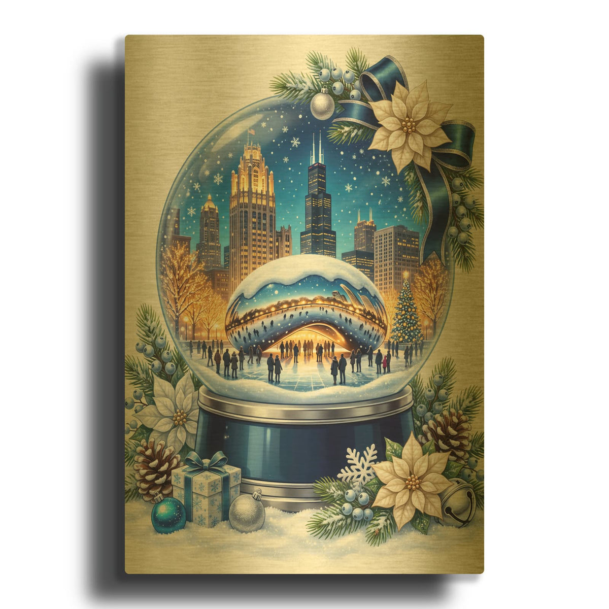 'Chicago Bean — Christmas Magic Snow Globe' By Veve Gold Metal Wall Art