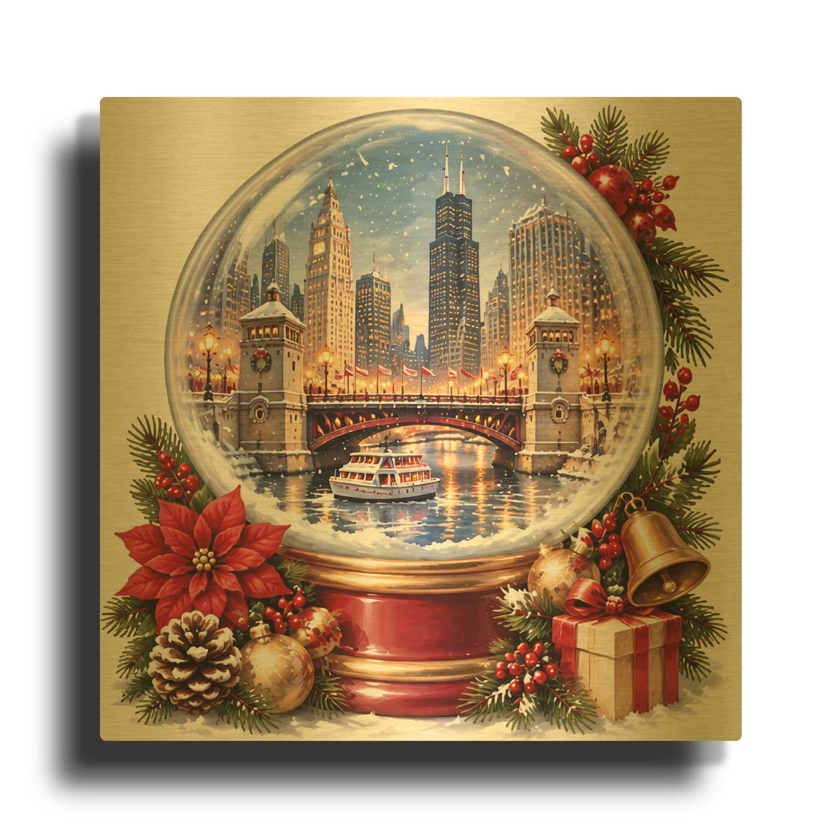 'Chicago Christmas — Red and Gold Snow Globe' By Veve Gold Metal Wall Art