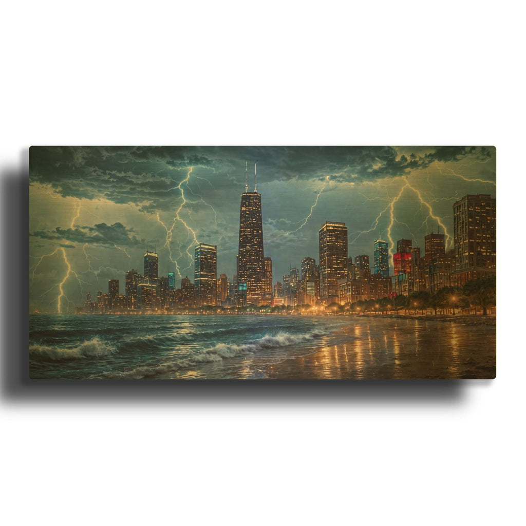 'Chicago Electric Storm Lakefront Lightning' By Veve Gold Metal Wall Art