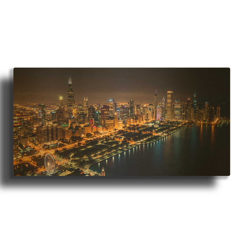 'Chicago in The Evening Lights' By Veve Gold Metal Wall Art