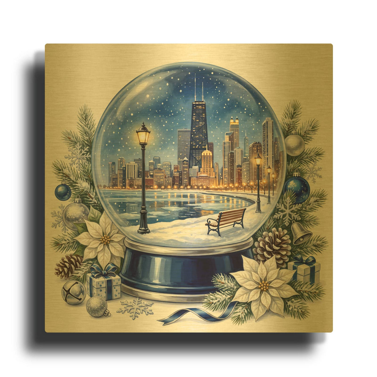 'Chicago Lakefront — Winter Blue Snow Globe' By Veve Gold Metal Wall Art