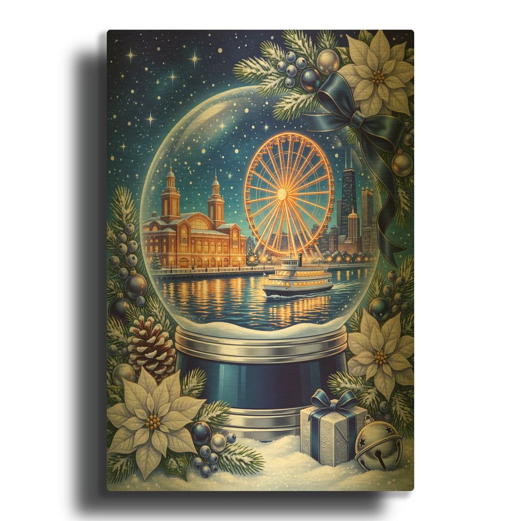 'Chicago Navy Pier — Winter Sparkle Snow Globe' By Veve Gold Metal Wall Art
