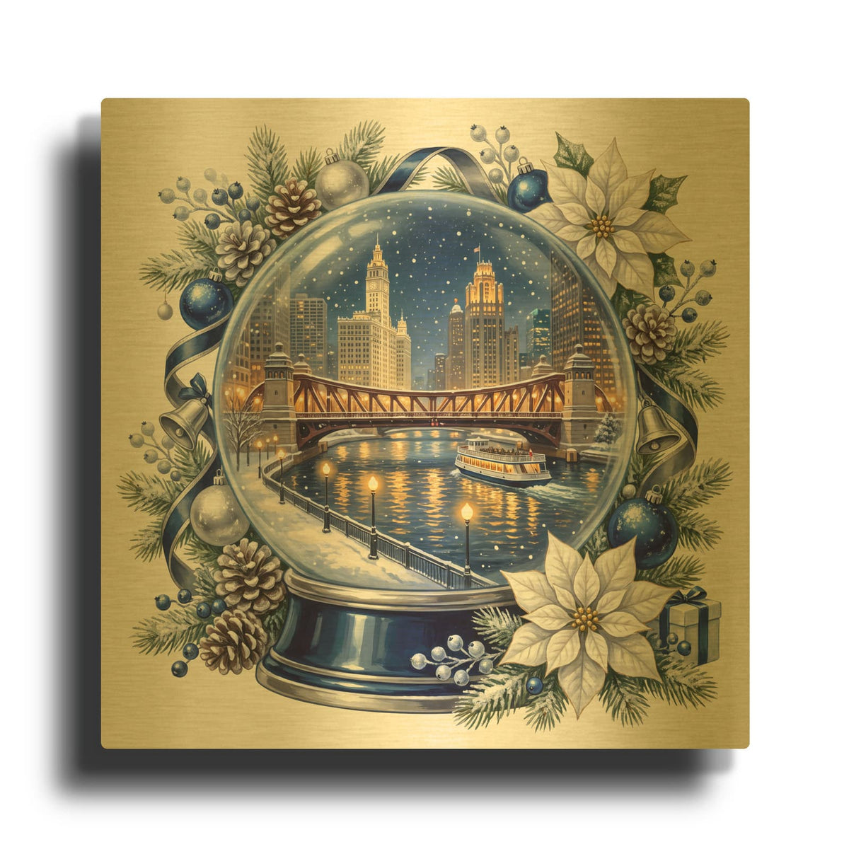 'Chicago River — Holiday Lights Snow Globe' By Veve Gold Metal Wall Art