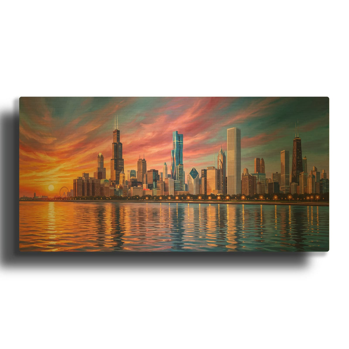 'Chicago Sunset Gold Hour Over Lake Michigan' By Veve Gold Metal Wall Art