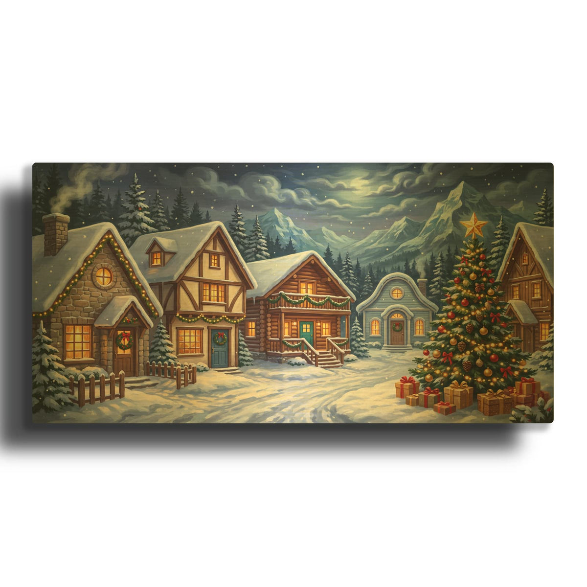 'Christmas Eve in the Mountain Village' By Veve Gold Metal Wall Art