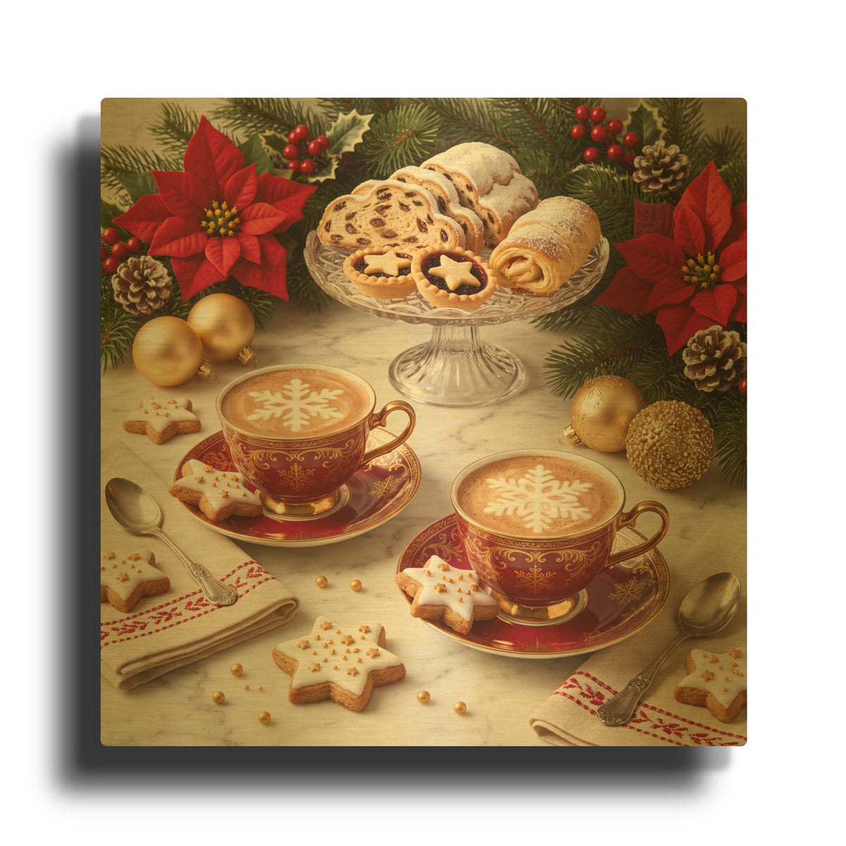 'Christmas Morning Cookies and Cappuccino' By Veve Gold Metal Wall Art