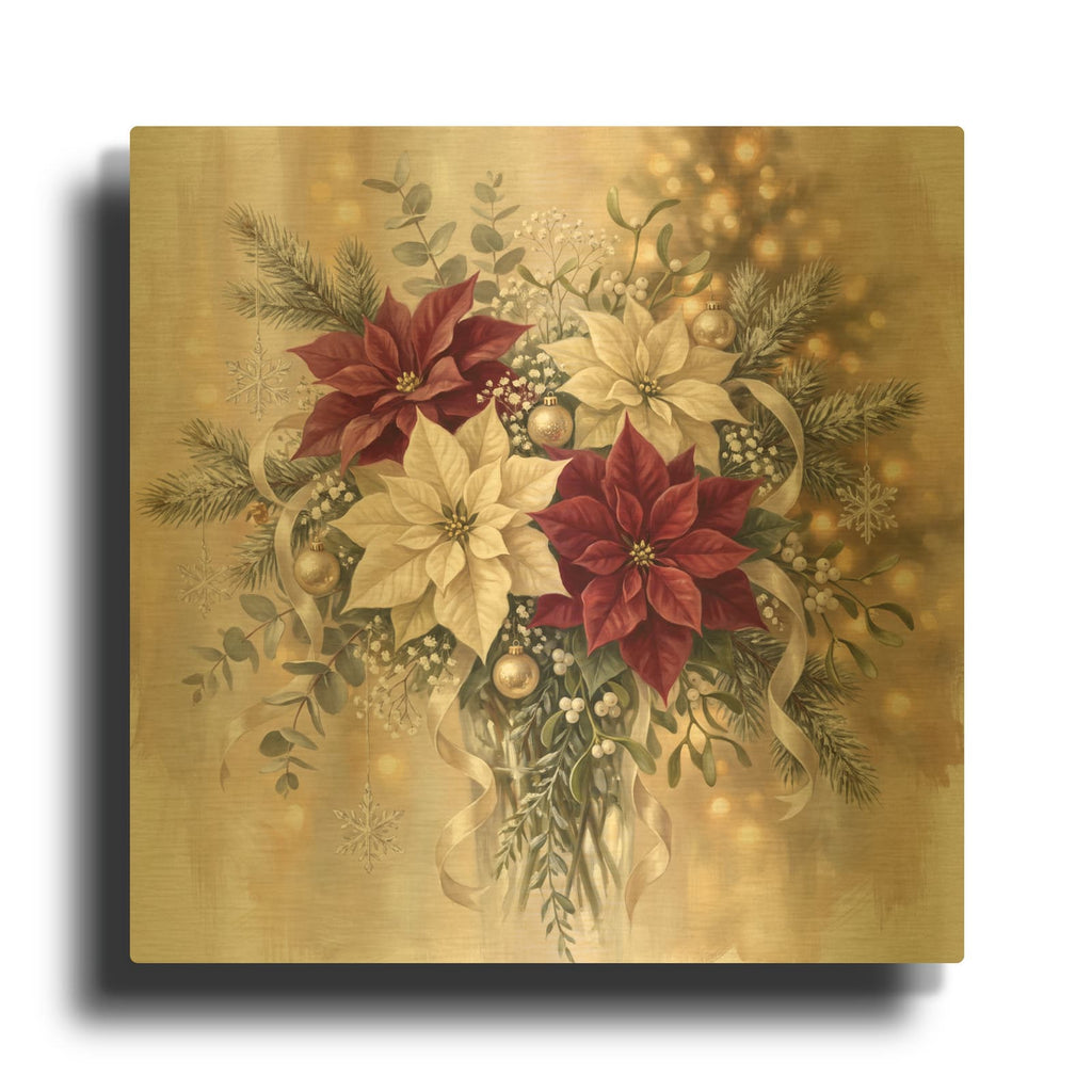 'Christmas Poinsettias — A Winter's Kiss' By Veve Gold Metal Wall Art