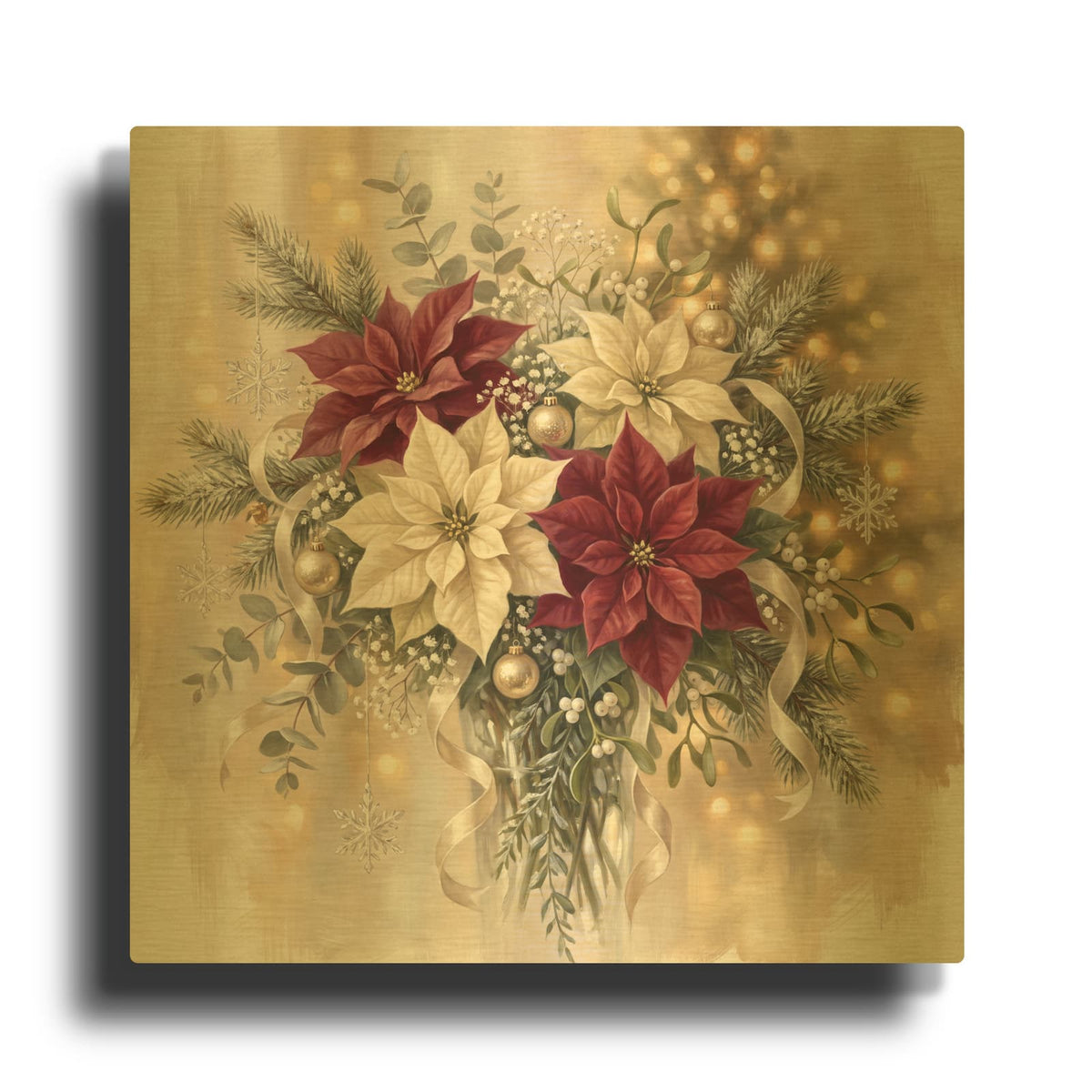 'Christmas Poinsettias — A Winter's Kiss' By Veve Gold Metal Wall Art