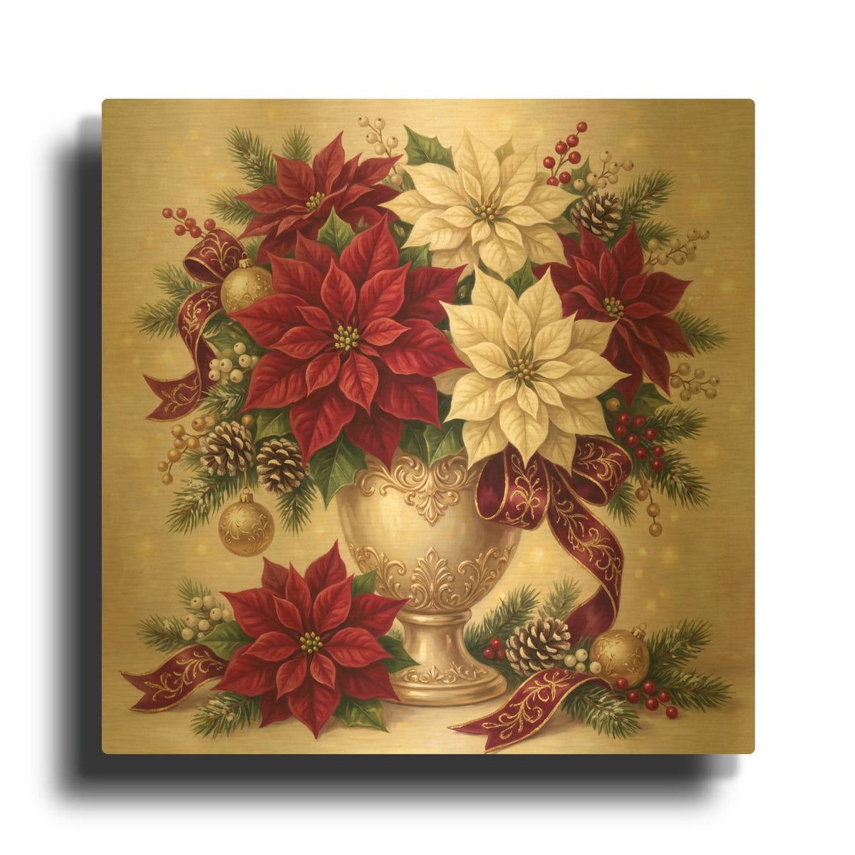 'Christmas Poinsettias — Golden Elegance' By Veve Gold Metal Wall Art