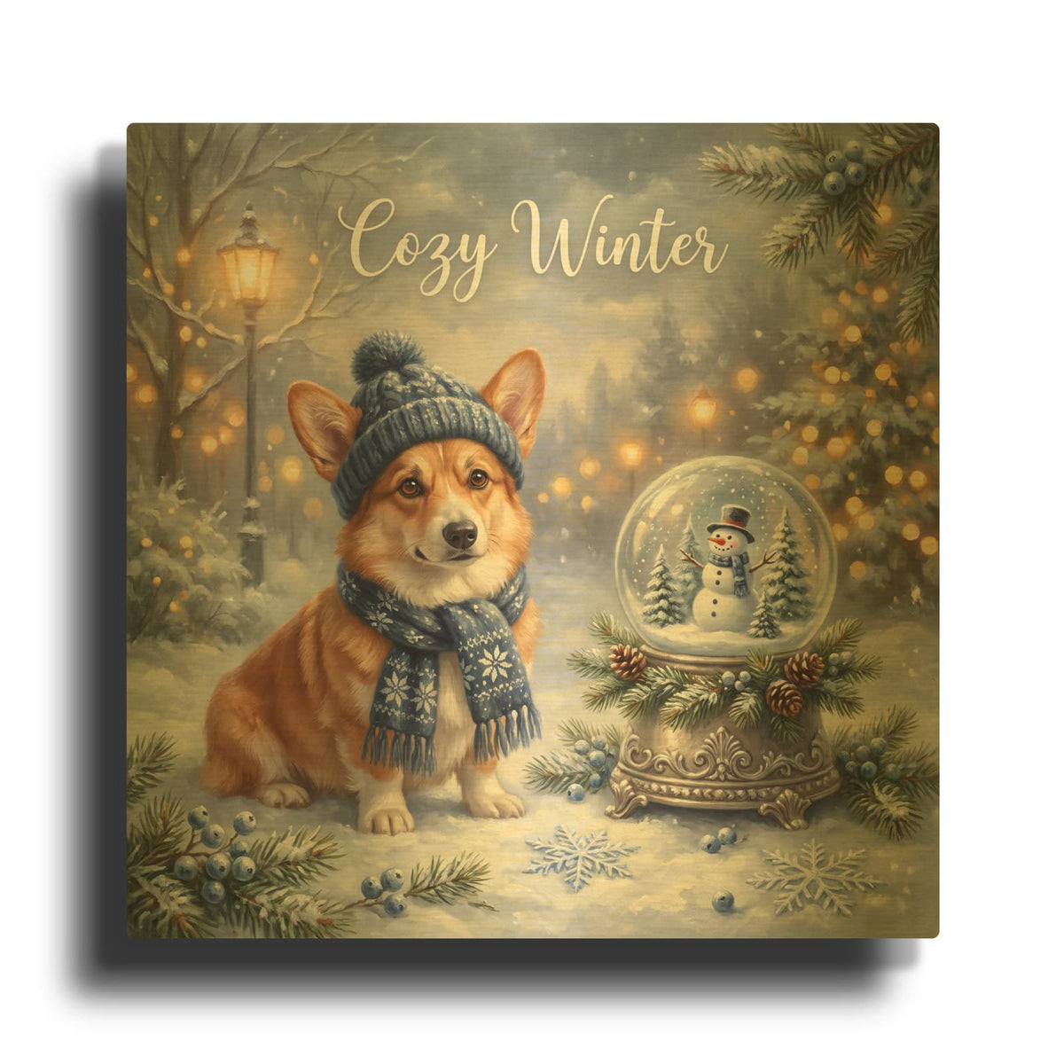 'Corgi Cozy Winter' By Veve Gold Metal Wall Art