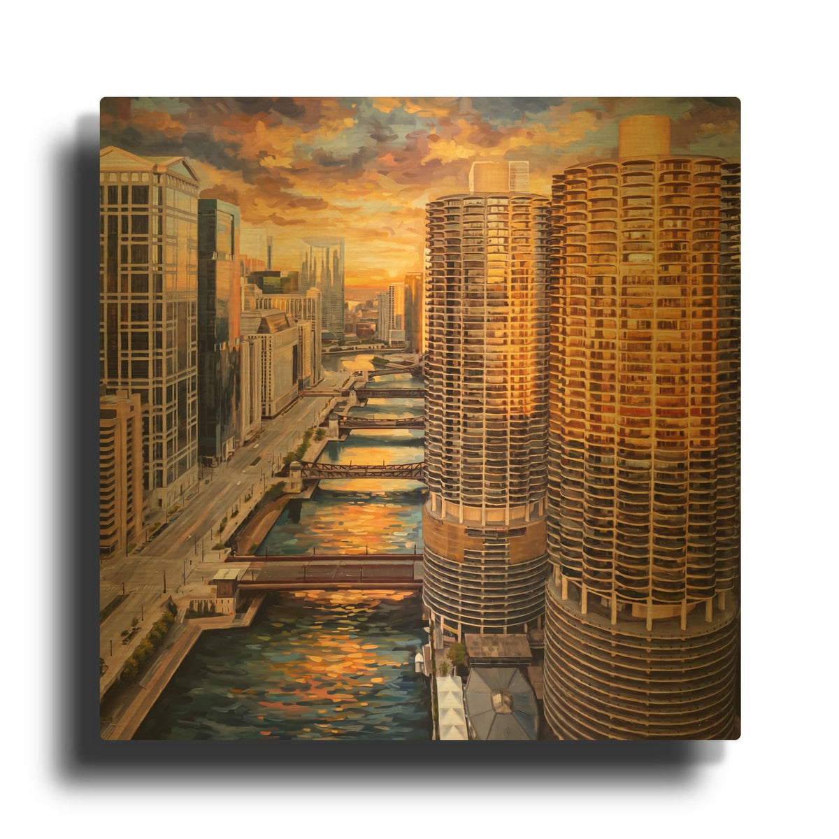'Corncobs at Sunset Chicago River' By Veve Gold Metal Wall Art