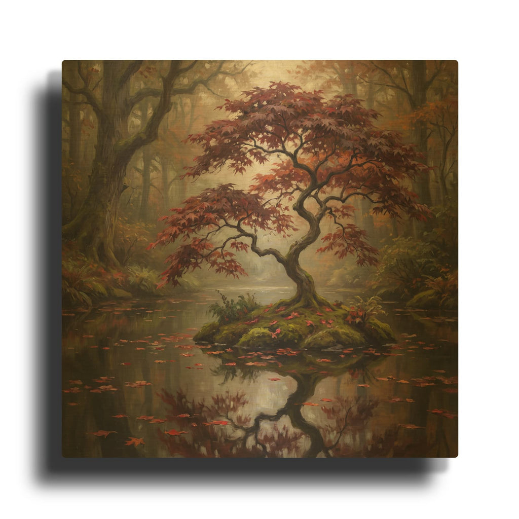 'Crimson Maple Reflection' By Veve Gold Metal Wall Art
