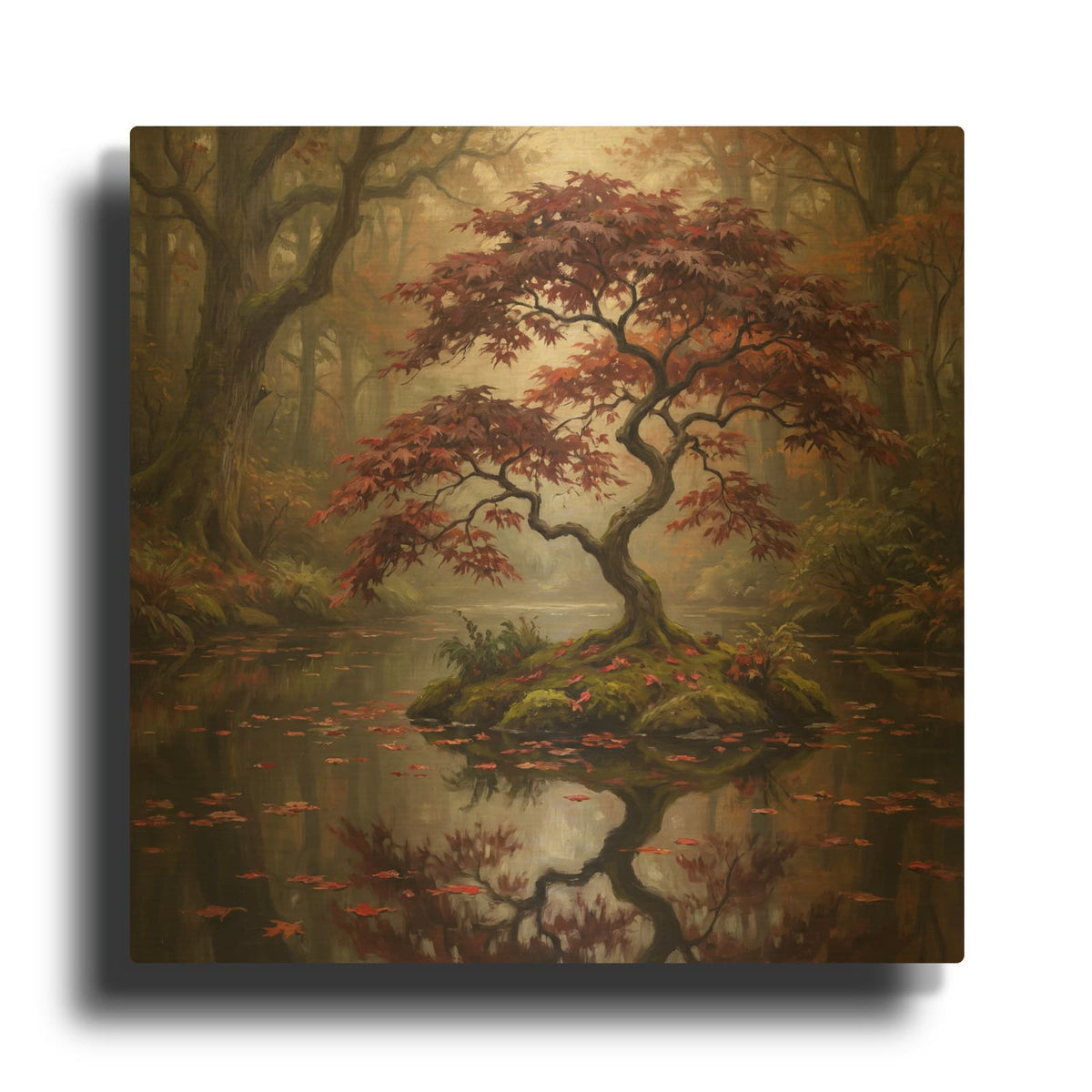 'Crimson Maple Reflection' By Veve Gold Metal Wall Art