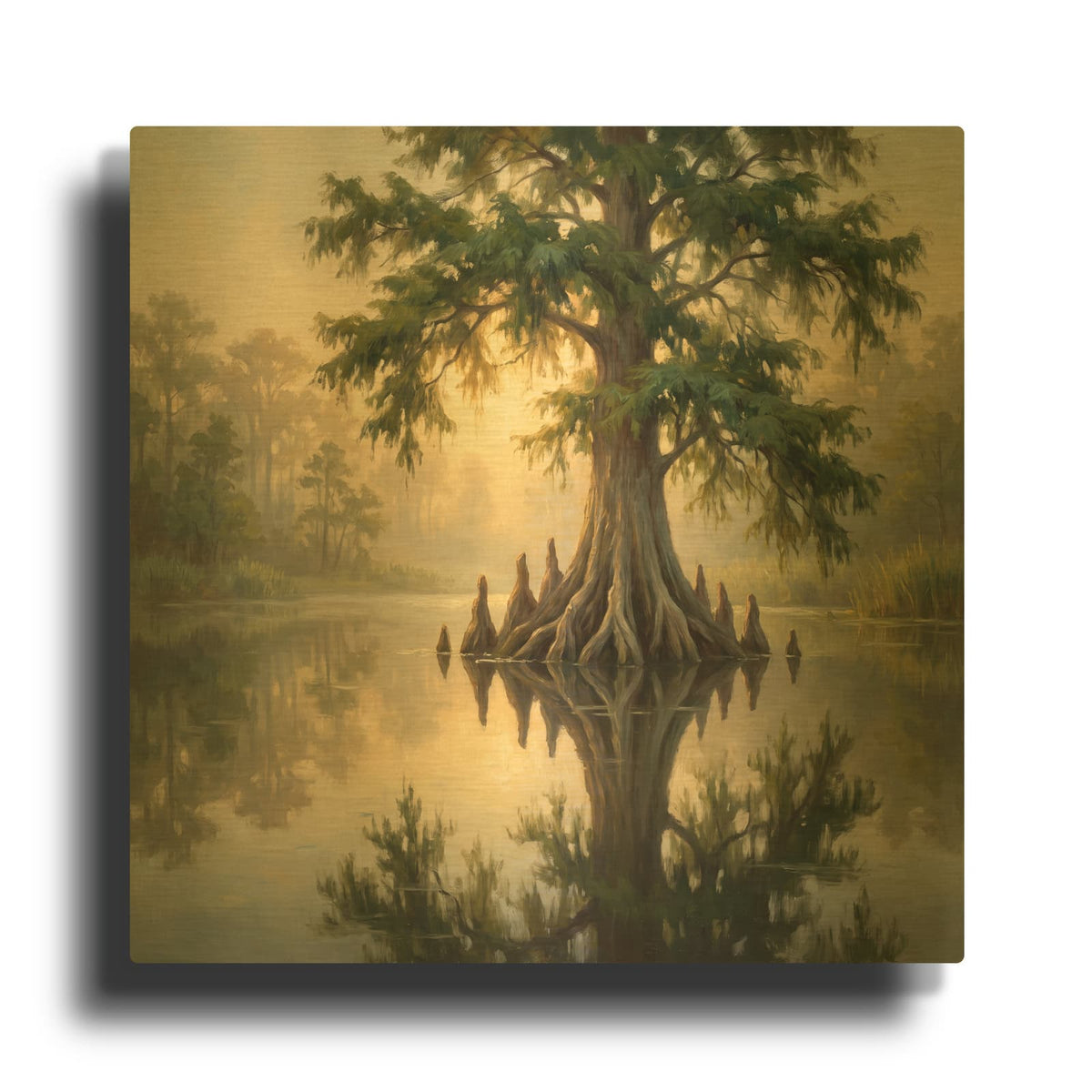 'Cypress in the Mist' By Veve Gold Metal Wall Art