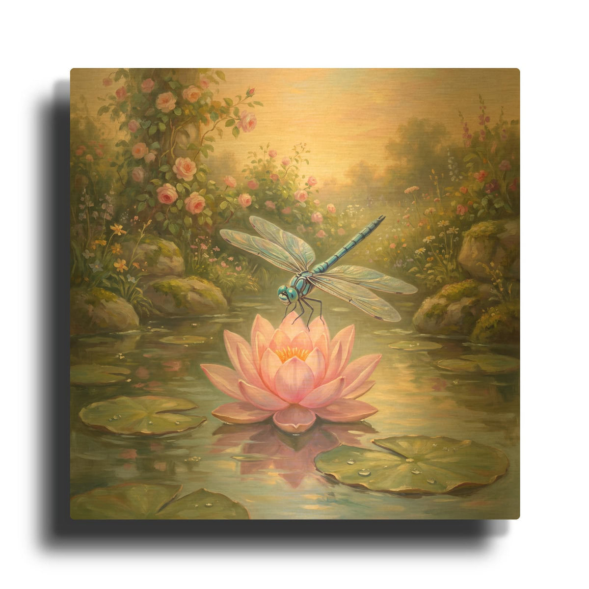 'Dragonfly and Lotus' By Veve Gold Metal Wall Art