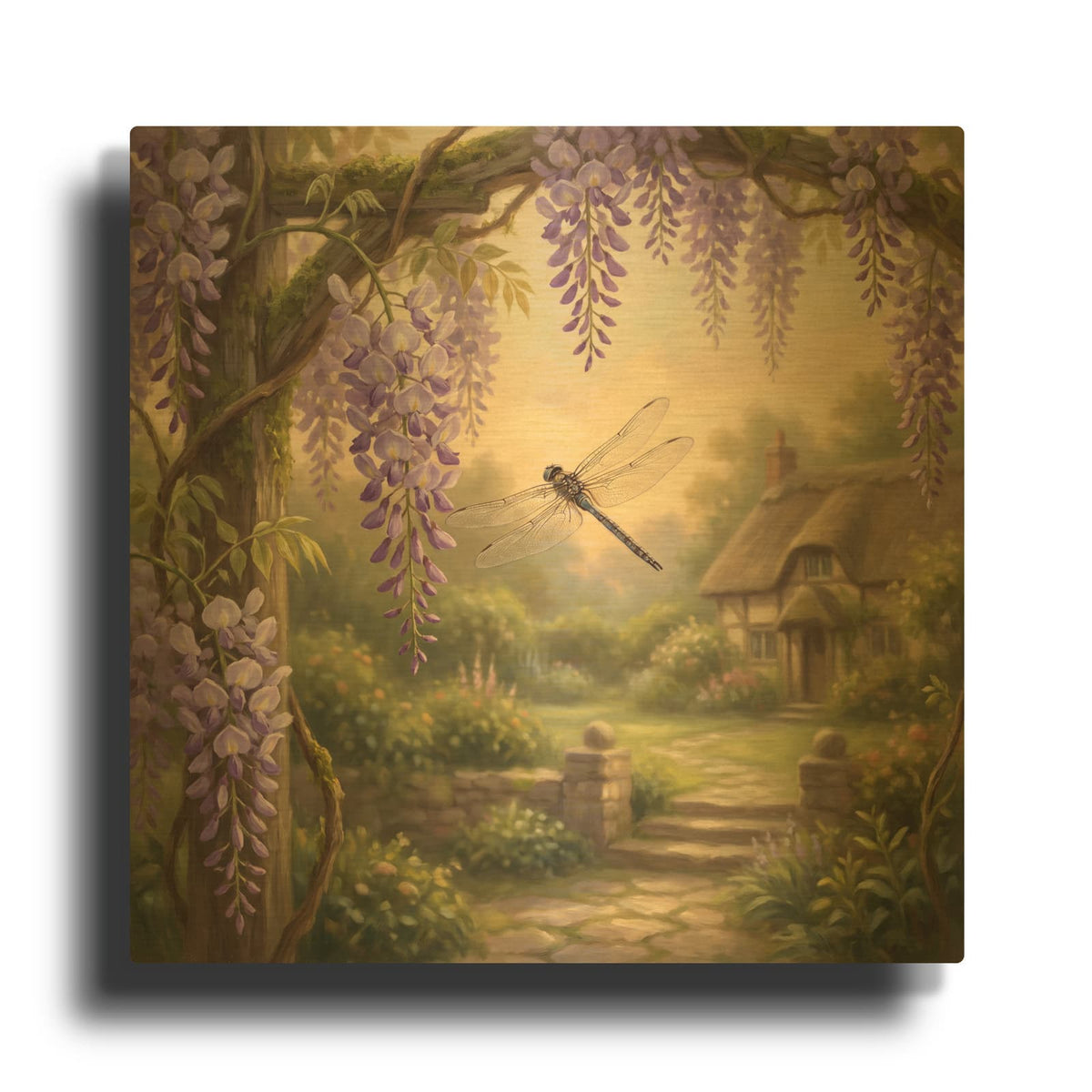 'Dragonfly and Wisteria' By Veve Gold Metal Wall Art