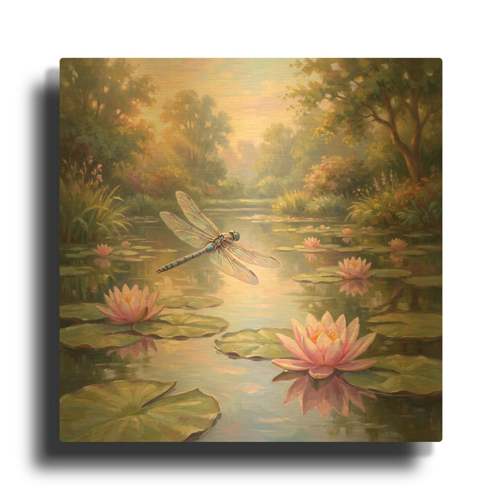'Dragonfly in Lily Pond' By Veve Gold Metal Wall Art