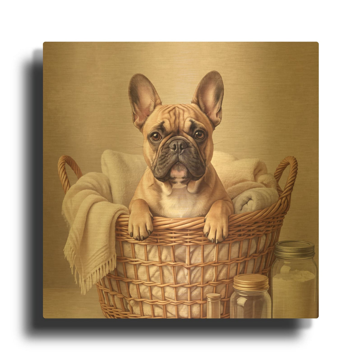 'French Bulldog in Laundry Basket' By Veve Gold Metal Wall Art