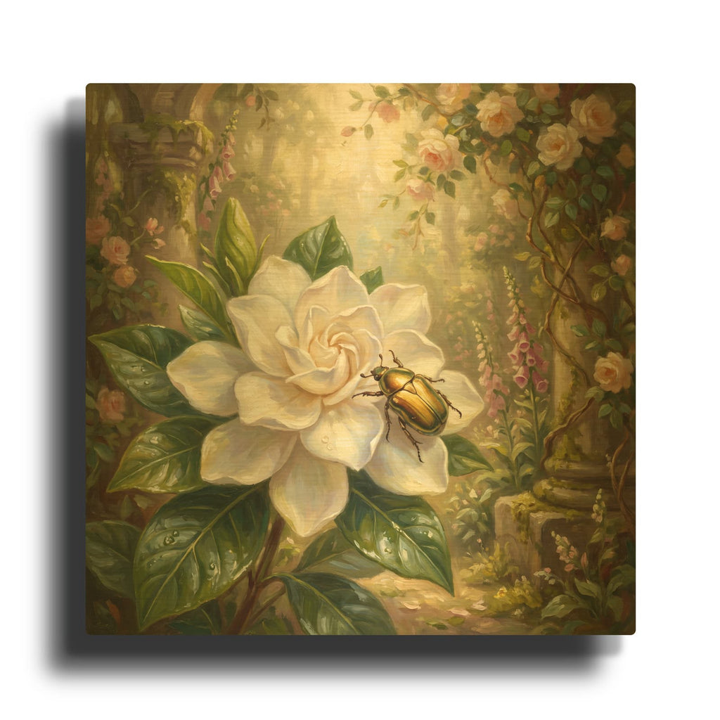 'Golden Beetle and Gardenia' By Veve Gold Metal Wall Art