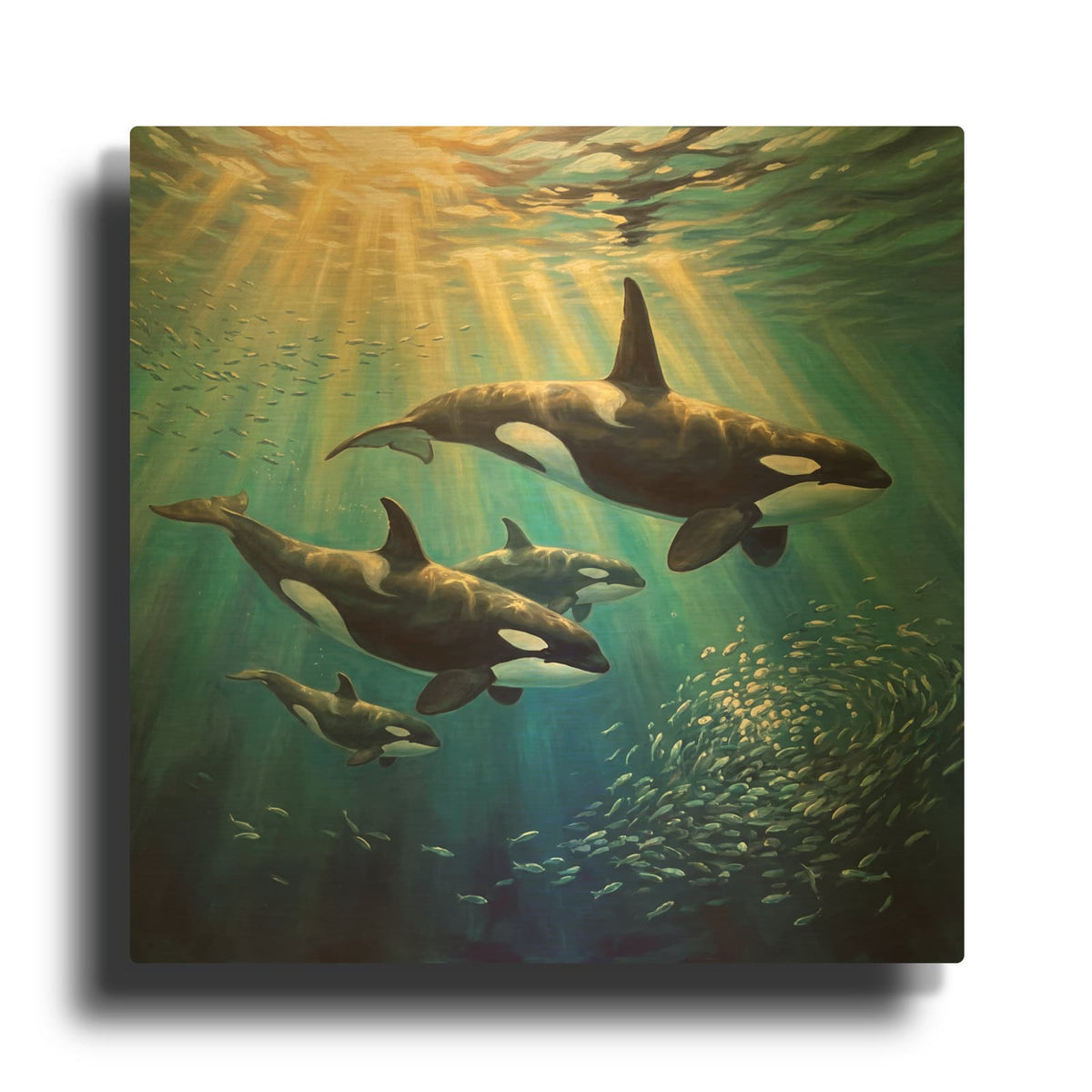 'Golden Hour Orca Family Hunt' By Veve Gold Metal Wall Art