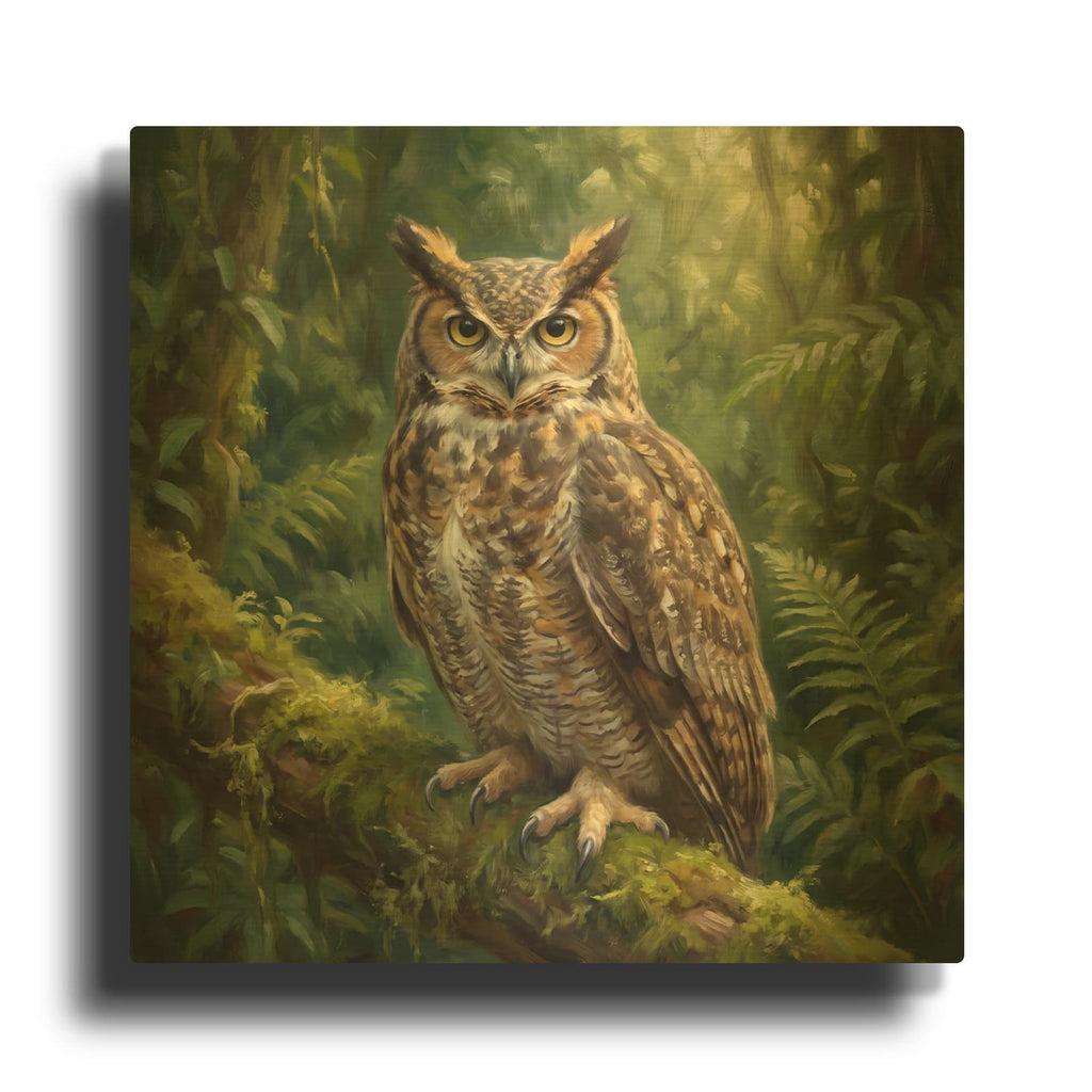 'Great Horned Owl in Deep Forest' By Veve Gold Metal Wall Art