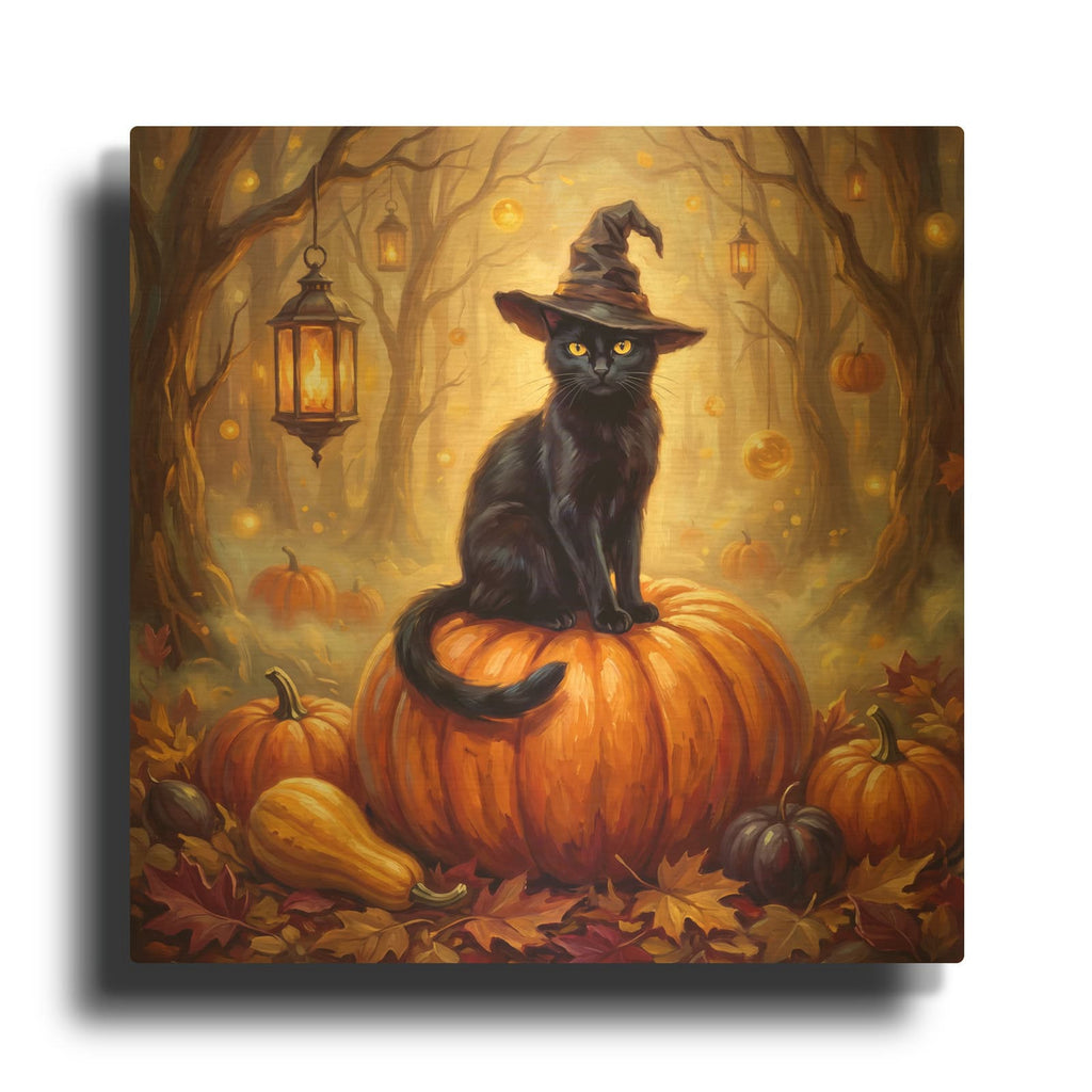 'Halloween Witch Cat and Pumpkin' By Veve Gold Metal Wall Art