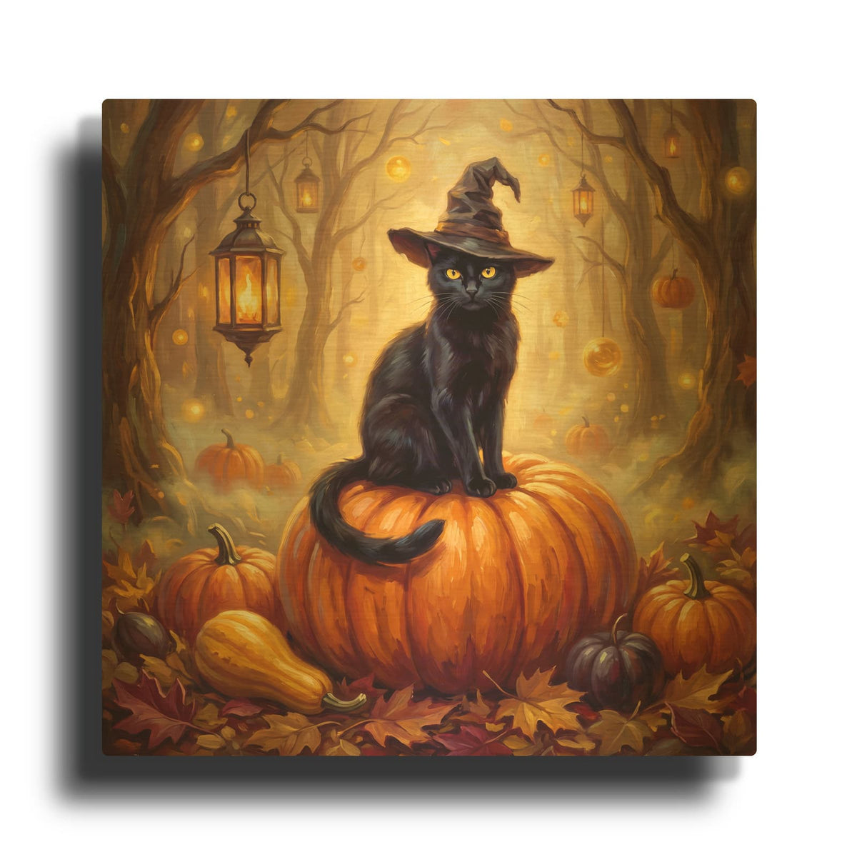 'Halloween Witch Cat and Pumpkin' By Veve Gold Metal Wall Art