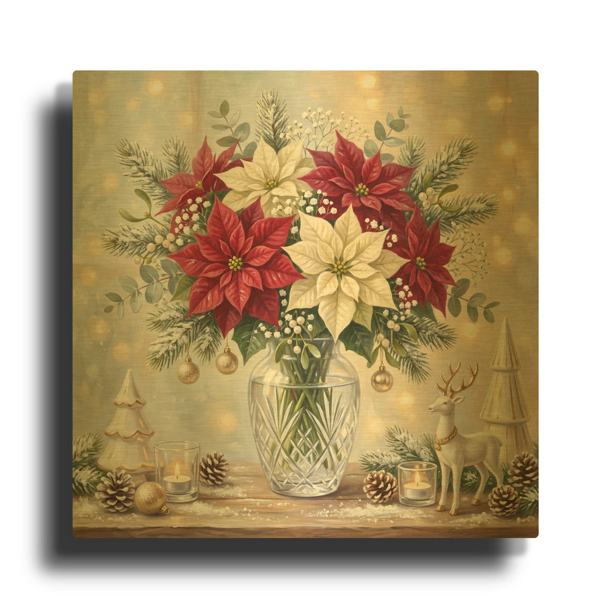 'Holiday Poinsettia Glow' By Veve Gold Metal Wall Art
