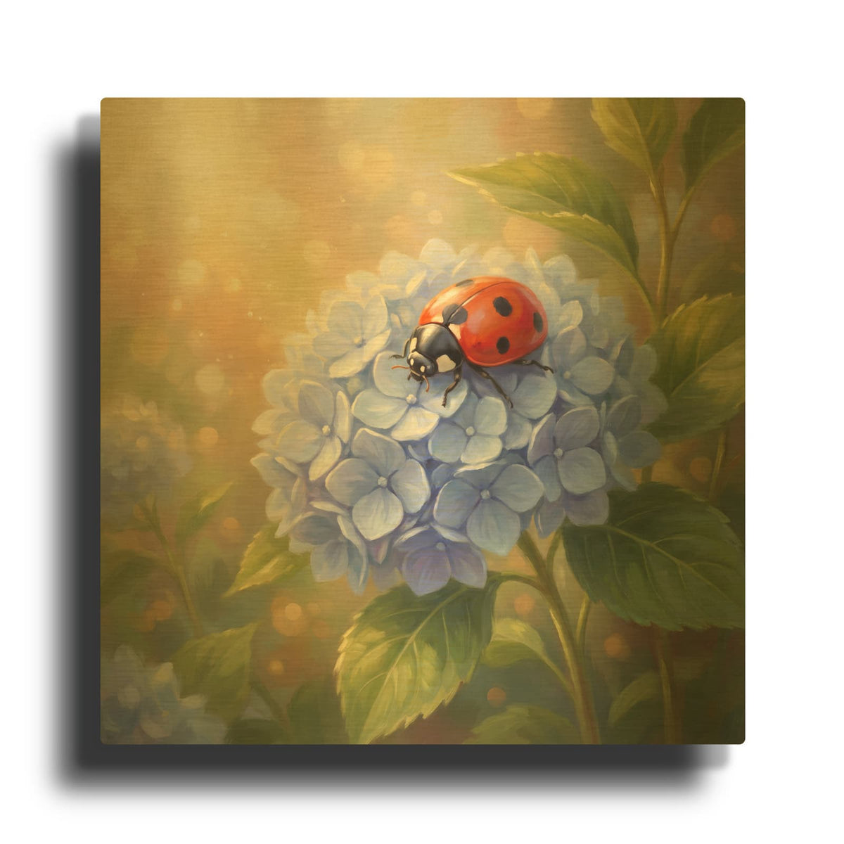 'Hydrangea and Ladybug' By Veve Gold Metal Wall Art