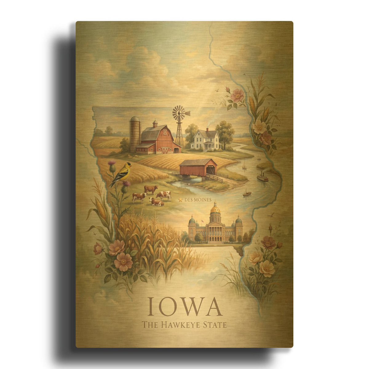 'Iowa The Hawkeye State' By Veve Gold Metal Wall Art