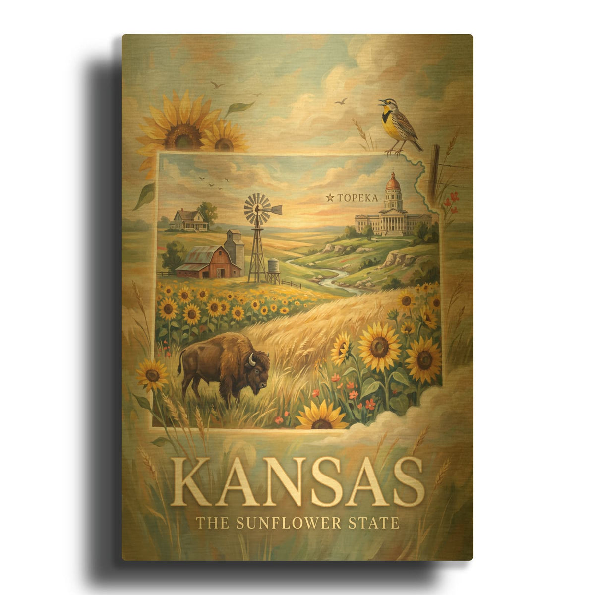 'Kansas The Sunflower State I' By Veve Gold Metal Wall Art