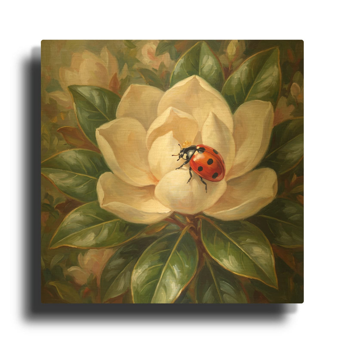 'Ladybug and Magnolia' By Veve Gold Metal Wall Art