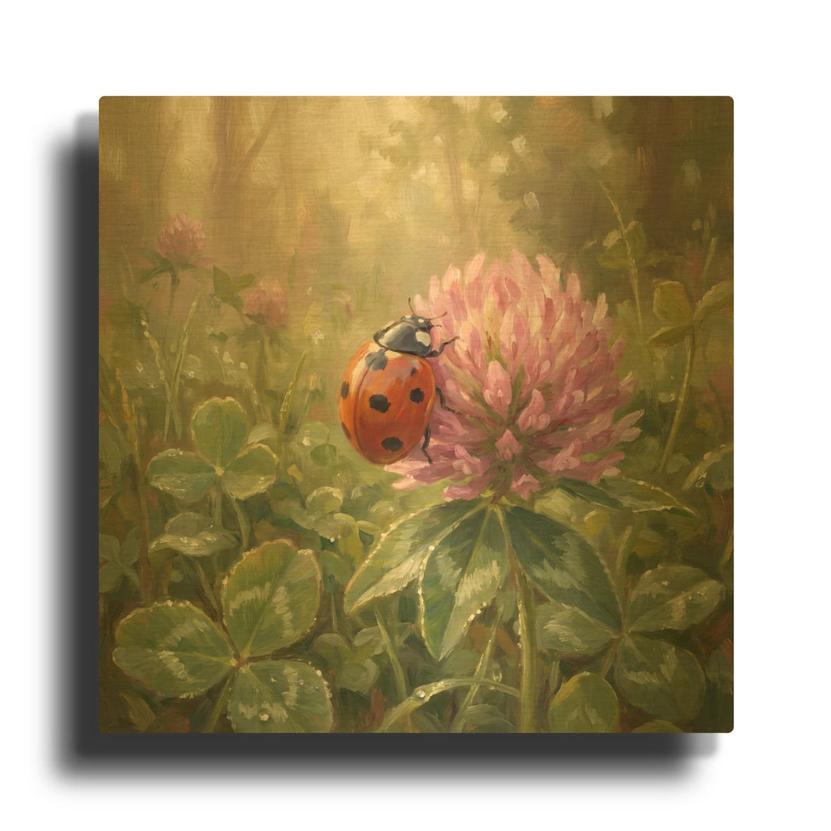 'Ladybug and Pink Clover' By Veve Gold Metal Wall Art
