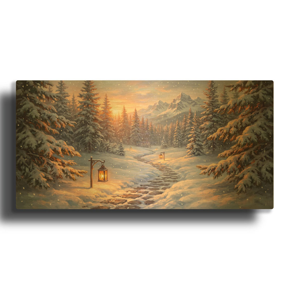 'Lantern Path Through Snowy Forest' By Veve Gold Metal Wall Art