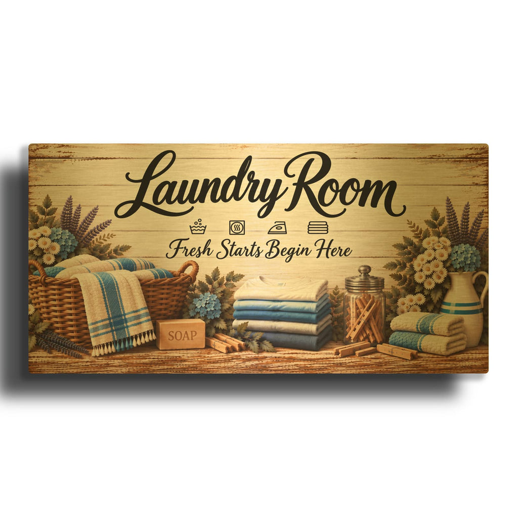 'Laundry Room Fresh Starts Begin Here' By Veve Gold Metal Wall Art