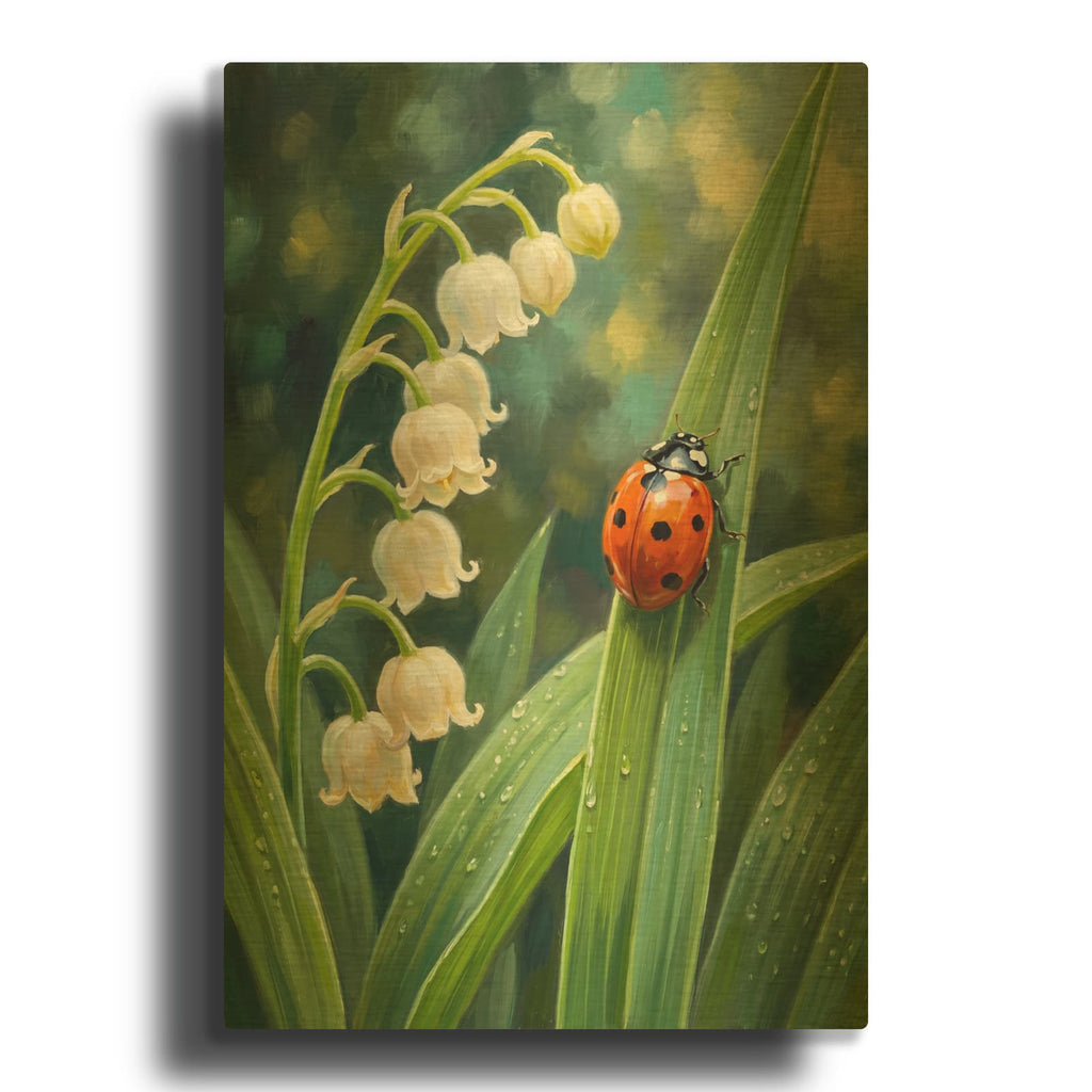 'Lily of the Valley and Ladybug' By Veve Gold Metal Wall Art